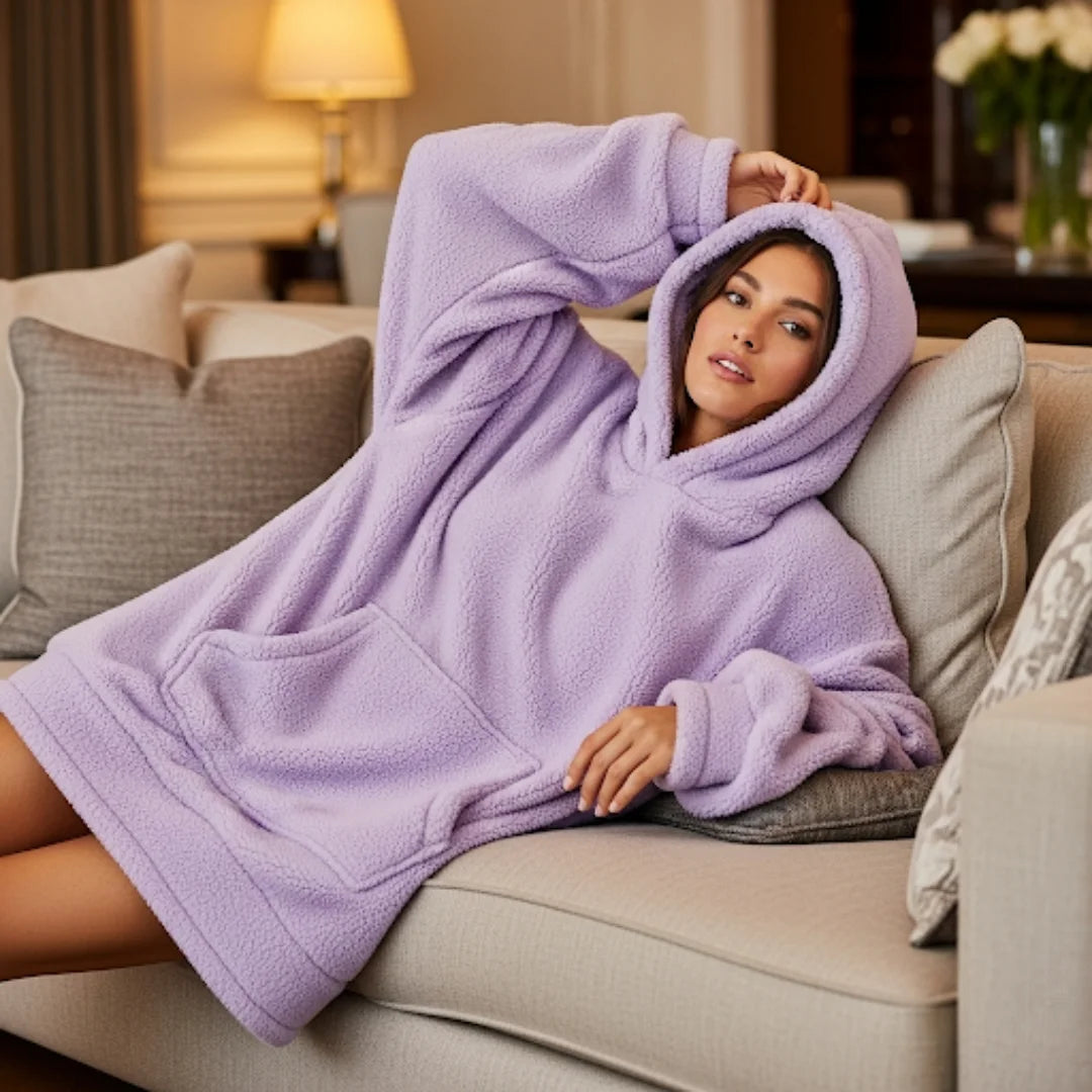 Frau auf der Couch im Liora Hoodie