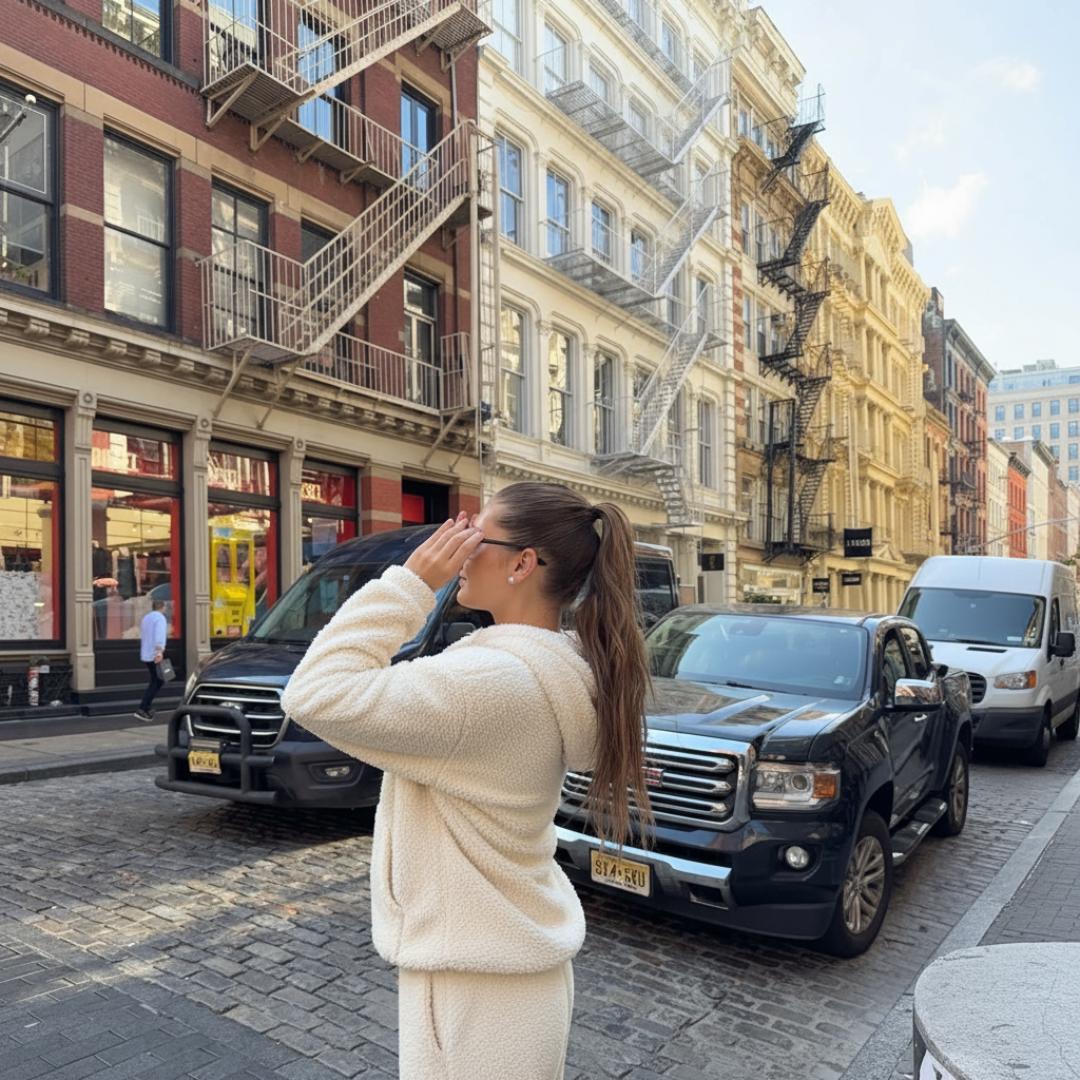 Frau in NY im beigen Liora Hoodie