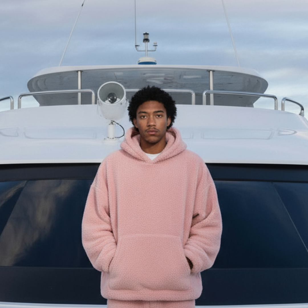 Mann im Pinken Liora Hoodie auf einer Nacht