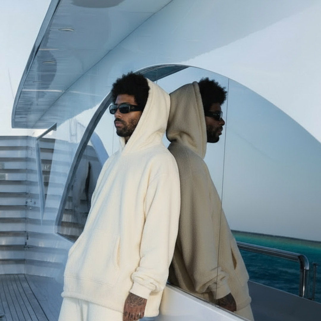 Mann auf einer Yacht im Liora Hoodie